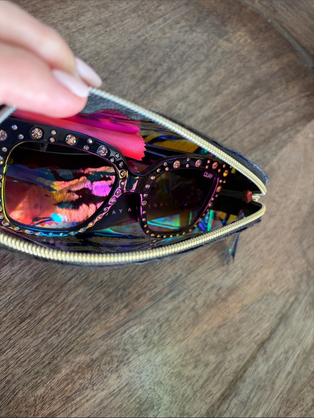Quay Australia Black Crystal-Stud Square Sunglasses with Iridescent Pouch - Picture 9 of 13